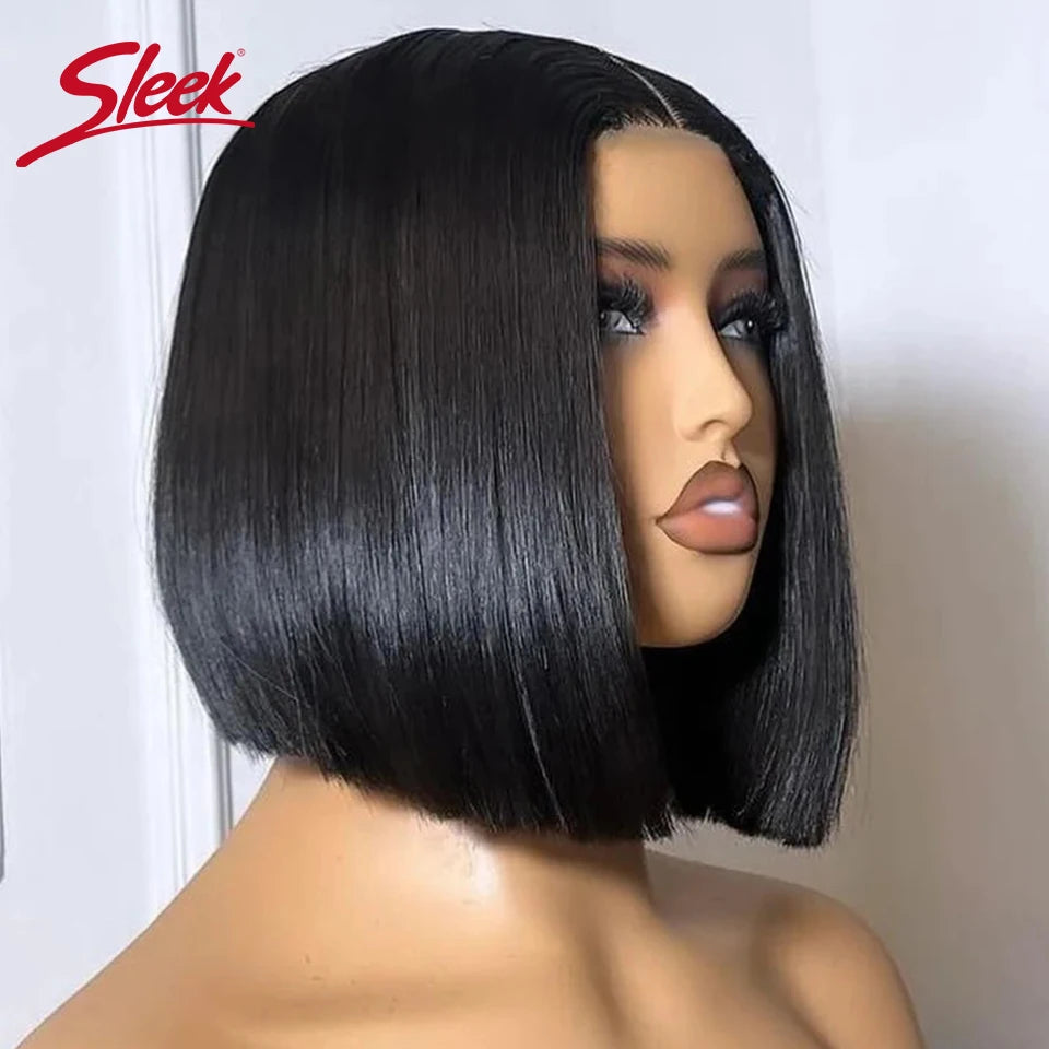 Brazilian Straight Lace Bob Wigs Sleek Short Lace Part Human Hair Wigs 200% Density Cheap Nature Remy Black Dark Hair Wigs