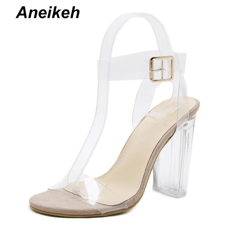 Aneikeh Sexy Clear PVC Transparent Pumps Sandals Perspex High Heels Womens Buckle Strap Party Nightclub Zapatillas De Mujer NEW