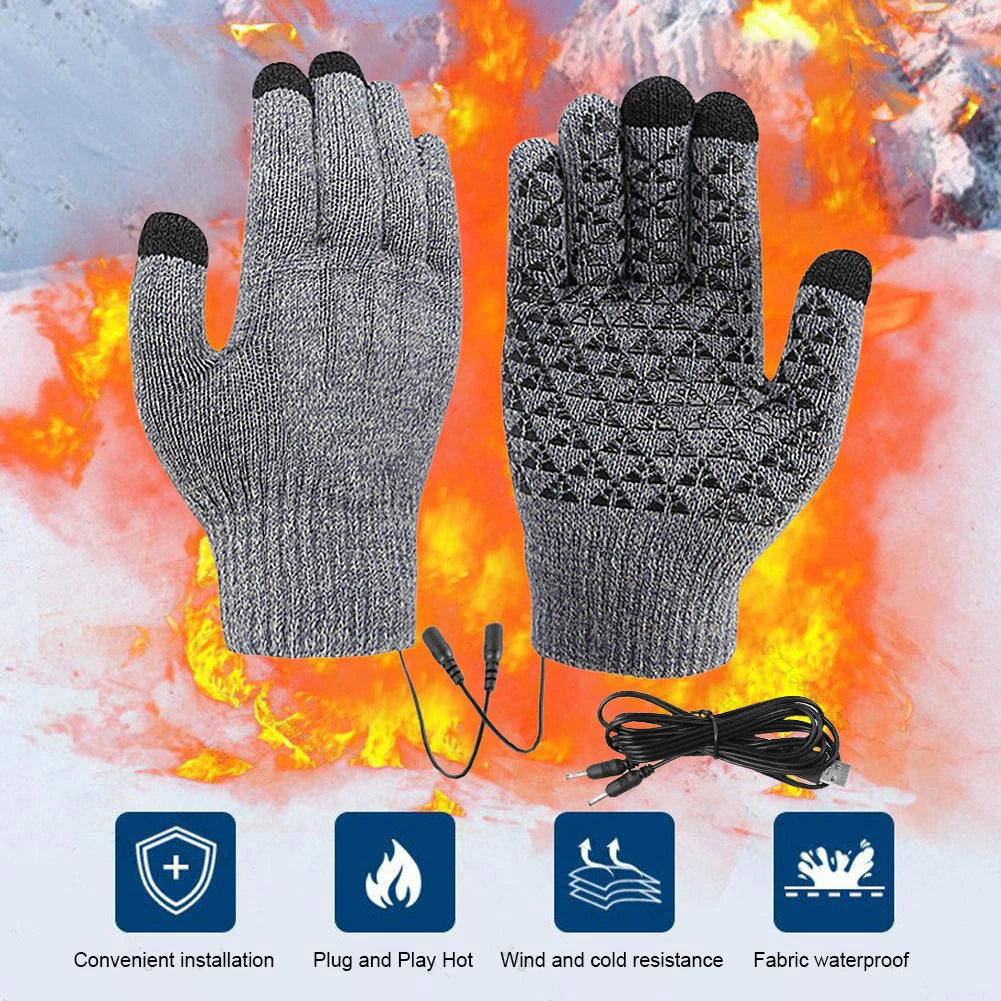 USB Heated Knitted Gloves Touch Screen Gloves Non-Slip Thermal Knitting Mitts Thicken Winter Cycling Gloves for Autumn Winter