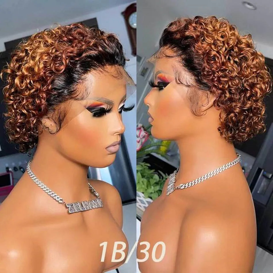 99J Burgundy Highlight Honey Colored Short Curly Pixie Cut Lace Wig Pre plucked Bob Wig 13x2 Lace Front Curly Human Hair Wigs